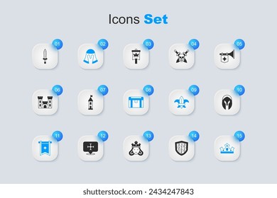 Set Shield, Castle tower, Medieval helmet, flag, King crown, sword and Antique treasure chest icon. Vector