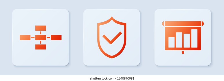 Set Shield with check mark, Business hierarchy organogram chart infographics and Presentation financial board with graph, schedule, chart, diagram, infographic, pie graph. White square button. Vector