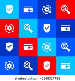 Establezca Escudo con marca de verificación, Retorno de caja, Flujo de trabajo de engranajes y flechas y Icono de dólar de cristal de aumento. Vector