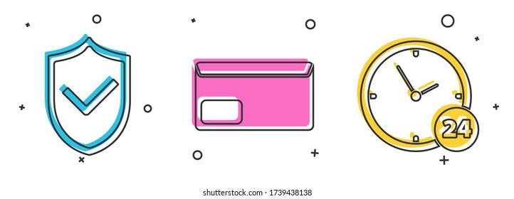 Set Shield with check mark, Envelope and Clock 24 hours icon. Vector