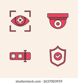 Set Shield with check mark, Eye scan, Security camera and Password protection icon. Vector
