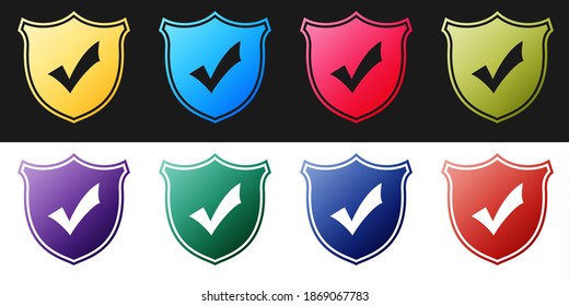 Set Shield with check mark icon isolated on black and white background. Vector.