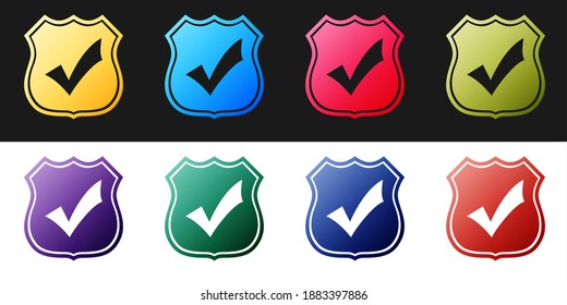 Set Shield with check mark icon isolated on black and white background. Protection, safety, security, protect, defense concept. Tick mark approved icon. Vector.