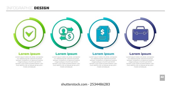 Set Schild mit Häkchen, Job Promotion Geld wechseln, Vertrag Geld und Stift und Aktenkoffer. Vorlage für Geschäftsinformationen. Vektorgrafik
