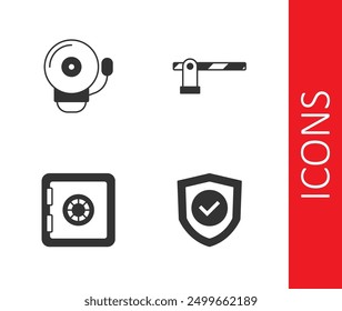Set Shield with check mark, Ringing alarm bell, Safe and Parking car barrier icon. Vector