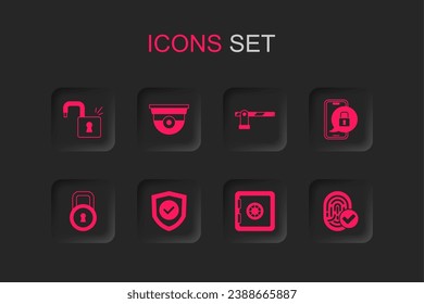 Set Shield with check mark, Security camera, Open padlock, Safe, Mobile closed, Fingerprint, Parking car barrier and Lock icon. Vector