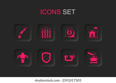 Set Shield, Classic iron fence, Welding torch, Clamp and screw tool, Smithy workshop interior, Anvil hammer, Horseshoe and  icon. Vector