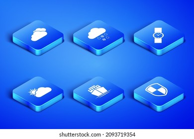 Set Shield, Cloud, Ship, Sun and cloud weather, with snow rain and Wrist watch icon. Vector