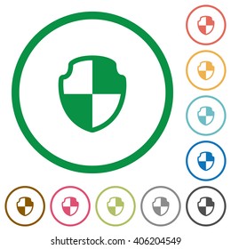 Set of shield color round outlined flat icons on white background