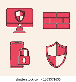 Set Shield , Computer monitor and shield , Bricks  and Smartphone with closed padlock  icon. Vector