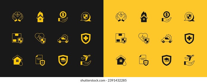 Set Shield, Contract with shield, Car insurance, Graduation cap, Life, Money,  and Fire burning house icon. Vector