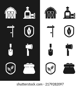 Set Shield corn, Scythe, Farm house, Full sack and wooden box, Garden trowel spade shovel, Wooden axe,  and with leaf icon. Vector