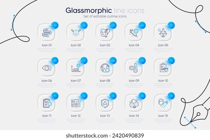 Set von Schild-, Coronavirus- und elektronischen Thermometerlinien-Icons für Web-App. Checkliste, Medizinische Maske, Celsius-Thermometer-Symbole. Intestine, Coronavirus-Impfstoff, Myopia-Zeichen. Covid-Test. Vektorgrafik