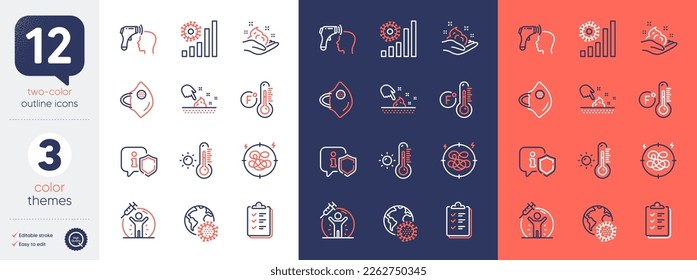 Set of Shield, Coronavirus pandemic and Coronavirus statistics line icons. Include Skin moisture, Fahrenheit thermometer, Checklist icons. Weather thermometer, Vaccine protection. Vector