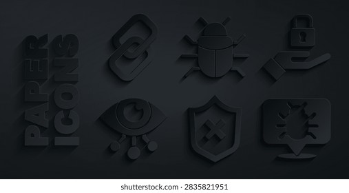 Set Shield with cross mark, Lock in hand, Eye scan, System bug,  and Chain link icon. Vector