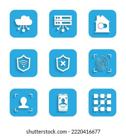 Set Shield with cross mark, Mobile and face recognition, Graphic password protection, Fingerprint, Face, WiFi wireless, Smart home and Internet of things icon. Vector