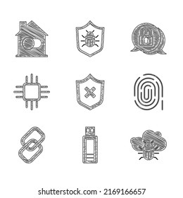 Set Shield with cross mark, USB flash drive, System bug on cloud, Fingerprint, Chain link, Processor microcircuits CPU, Cyber security and Smart home icon. Vector