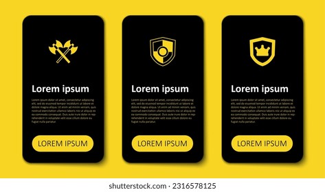 Set Shield with crown,  and Crossed medieval axes. Business infographic template. Vector