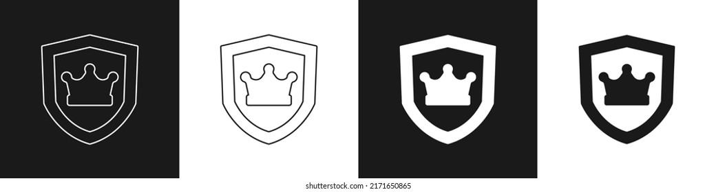 Set Shield with crown icon isolated on black and white background.  Vector