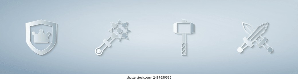 Set Shield with crown, Mace spikes, Battle hammer and Crossed medieval sword. Paper art style. Vector