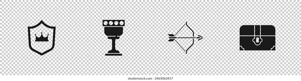 Conjunto Escudo con corona, copa medieval, arco y flecha y icono de cofre del tesoro antiguo. Vector