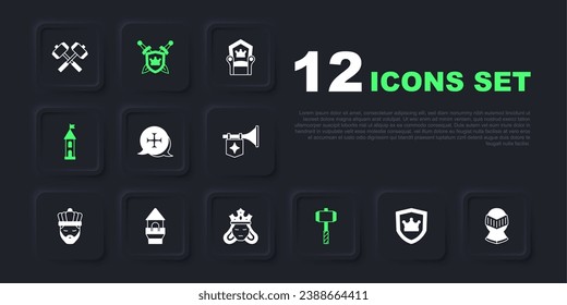 Set Shield with crown, Medieval helmet, Crusade, Battle hammer, Castle tower, swords and Princess queen icon. Vector