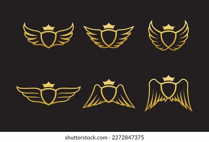 Set of shield and crown with wing