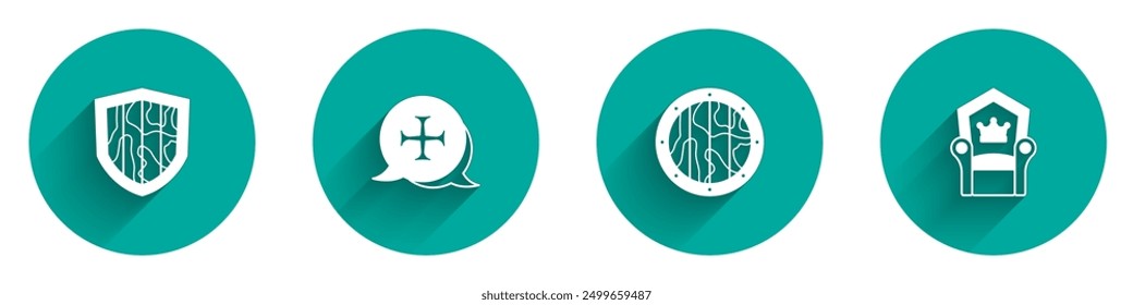 Set Shield, Crusade, Round wooden shield and Medieval throne icon with long shadow. Vector