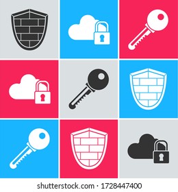 Ajuste Escudo con pared de ladrillos de seguridad cibernética, bloqueo de computación en nube e icono de clave. Vector