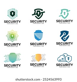 Conjunto de escudo cibersegurança Logotipo ou crachá para empresa de tecnologia e segurança.