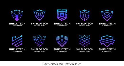 Set of shield with data connection for digital technology symbol logo design vector.