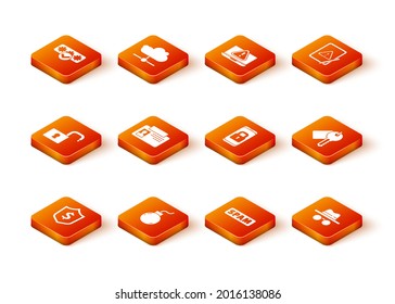 Establezca Escudo con dólar, Bomba lista para explotar, Abrir candado, Identificación, Spam, Móvil Cerrado, Modo Incognito e Icono de tecla Marcado. Vector