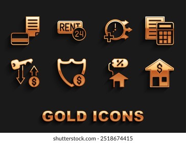 Set Schild mit Dollar, Rechner, Haus, Perkant, Mietschlüssel, Uhr, Kreditkarte und Symbol. Vektorgrafik