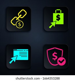 Set Shield with dollar, Chain link and coin, Online shopping on screen and Shoping bag and dollar. Black square button. Vector