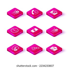 Set Schild mit Dollar, Kettenlink und Münze, Uhr 24 Stunden, Prozent Rabatt Handy, Laptop, Warenkorb-Checkmark und Telefon-Support-Symbol. Vektorgrafik