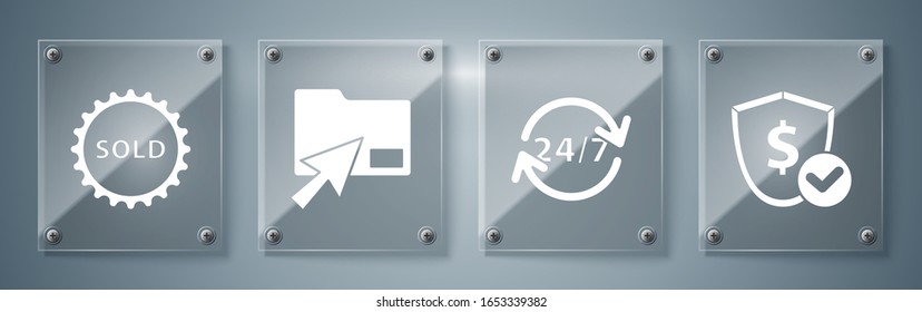 Set Shield With Dollar, Clock 24 Hours, Cursor Click Document Folder And Sold Label. Square Glass Panels. Vector