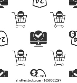 Set Shield with dollar, Computer monitor and Remove shopping cart on seamless pattern. Vector