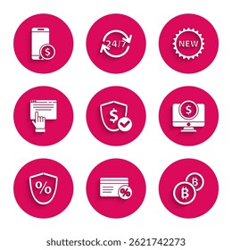 Set Shield with dollar, Discount card percent, Cryptocurrency coin Bitcoin, Computer monitor, Loan, Online shopping screen, Price tag New and Smartphone icon. Vector