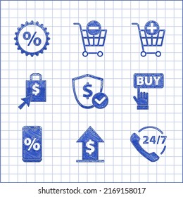 Set Shield with dollar, Financial growth and coin, Telephone 24 hours support, Buy button, Percent discount mobile, Shoping bag, Add Shopping cart and Discount percent tag icon. Vector