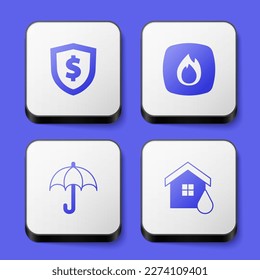 Set Shield with dollar, Fire flame, Umbrella and House flood icon. White square button. Vector