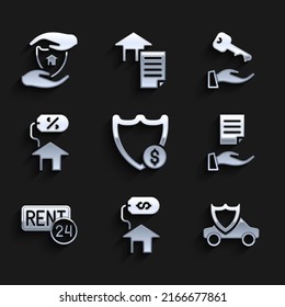 Schild mit Dollar, Haus, Auto Schild, Vertrag, Miete, Perkant, Schlüssel und Symbol. Vektorgrafik