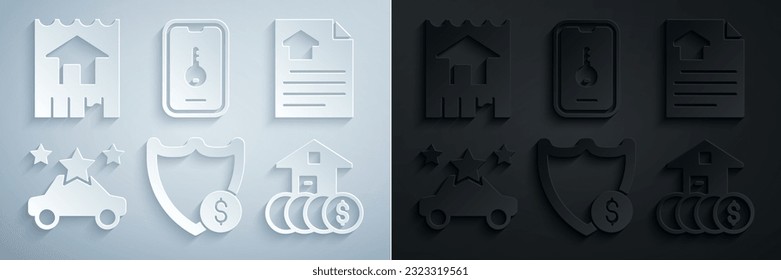 Set Shield con dólar, contrato de vivienda, uso compartido de automóviles, bienes raíces en línea e icono. Vector