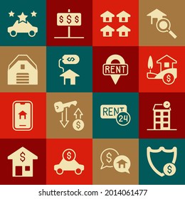 Schild mit Dollar, Haus, Immobilien, Garage, Auto-Sharing und Location-Taste Symbol. Vektorgrafik