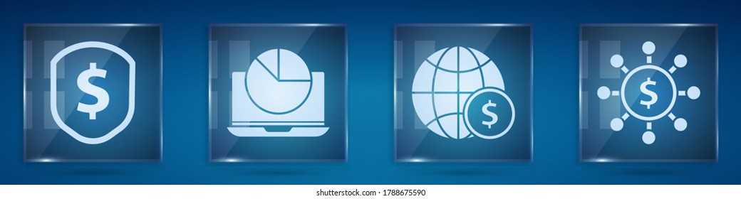 Set Shield con dólar, Laptop con gráfico gráfico gráfico, Tierra con dólar y dólar, compartir, red. Paneles de vidrio cuadrado. Vector