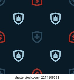 Set Shield with dollar, Life insurance shield and House on seamless pattern. Vector