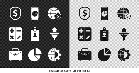 Set Shield with dollar, Mobile phone graph chart, Earth globe, Briefcase, Pie infographic, Globe of the and gear, Calculator and Identification badge icon. Vector