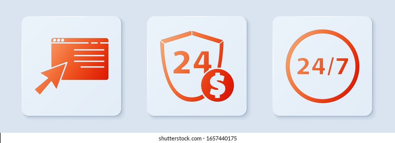 Set Shield with dollar, Online shopping on screen and Clock 24 hours. White square button. Vector