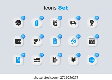 Set Shield com dólar, Scanner digitalizando código de barras, etiqueta de preço, lista de compras, Novo, Publicidade, Relógio 24 horas e ícone de verificação financeira. Vetor