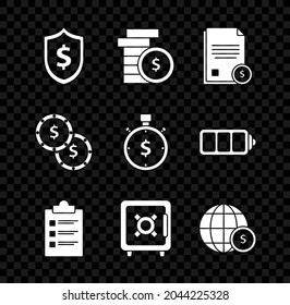 Set Shield with dollar symbol, Coin money, Finance document, Clipboard checklist, Safe, Earth globe,  and Time icon. Vector