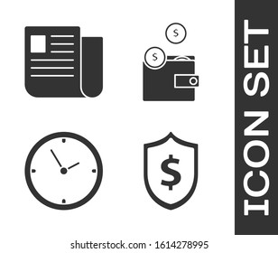 Set Shield with dollar symbol, File document, Clock and Wallet with coins icon. Vector